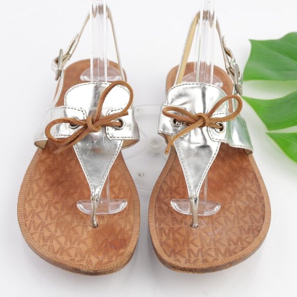 Michael Kors Womens Sandals Size 9 Silver Metallic Leather Thong Slingback Flats - Picture 12 of 13